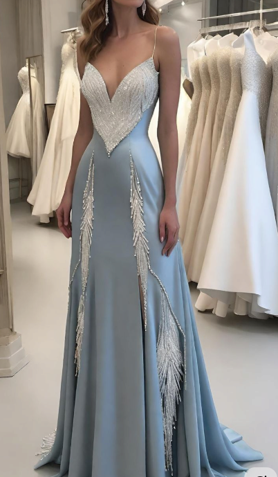 Elegant Spaghetti Straps Blue Satin Beaded Mermaid Prom Dress Evening Gown