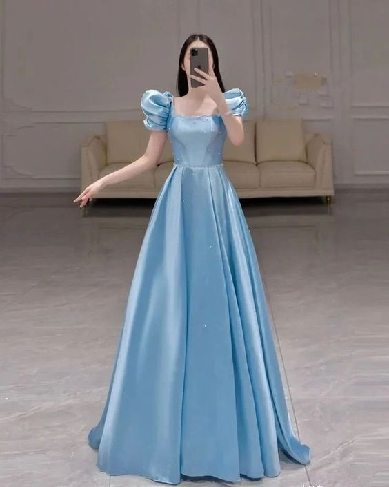 Blue Square Neckline A-line Prom Dress,Blue Princess Dress