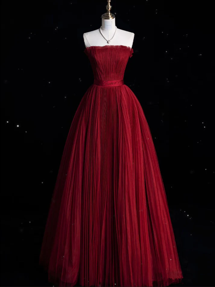 Beautiful Burgundy StraplessTulle Pleated Party Dress Long Prom Evening Dress
