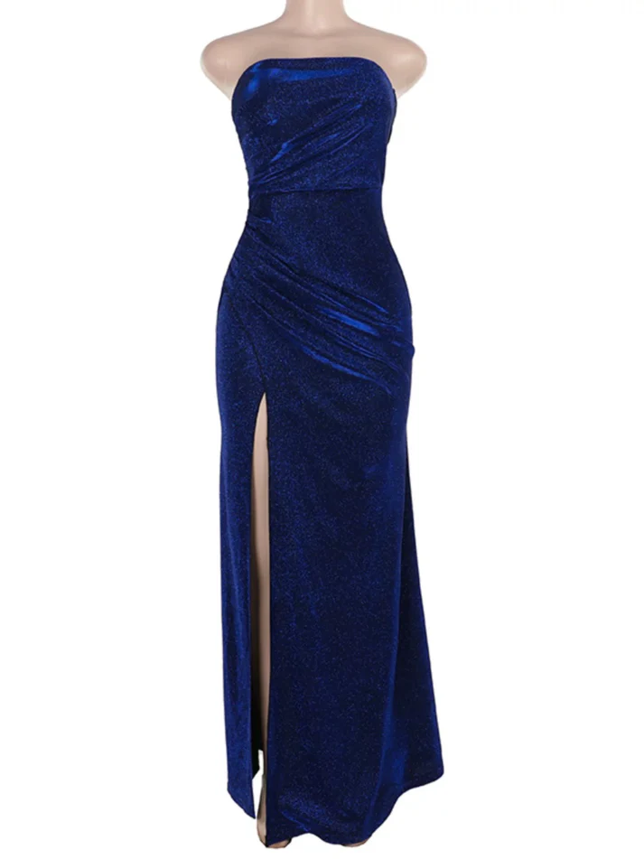 Vintage Blue Sheath Slit Evening Gown Strapless Prom Party Dress