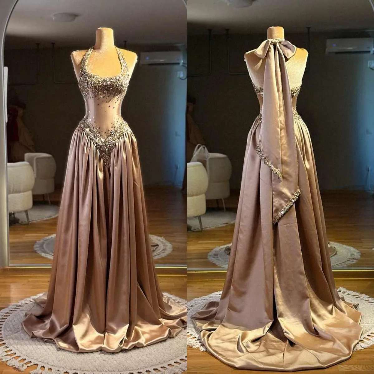 Gorgeous Halter Satin Beaded Long Evening Dress Birthday Party Dress - View 4 | FashionDia
