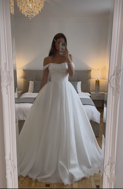 White Off The Shoulder Wedding Dresses A Line Long Bridal Gowns fg7260