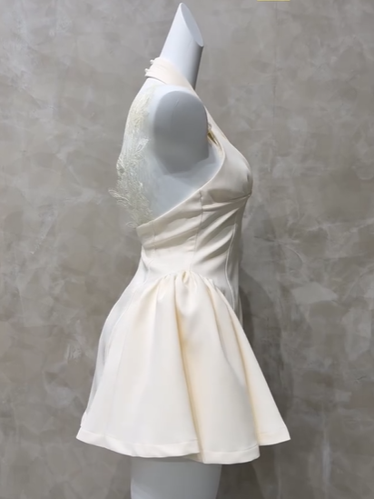 Elegant Off White Satin Lace A Line Short Party Dress Formal 8th Grade Homecoming Dress