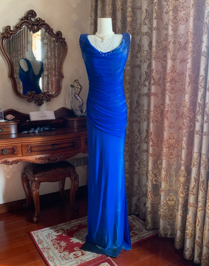 Sexy Royal Blue Tulle Pleated Beaded Mermaid Long Wedding Guest Dress Evening Dress - View 2 | FashionDia