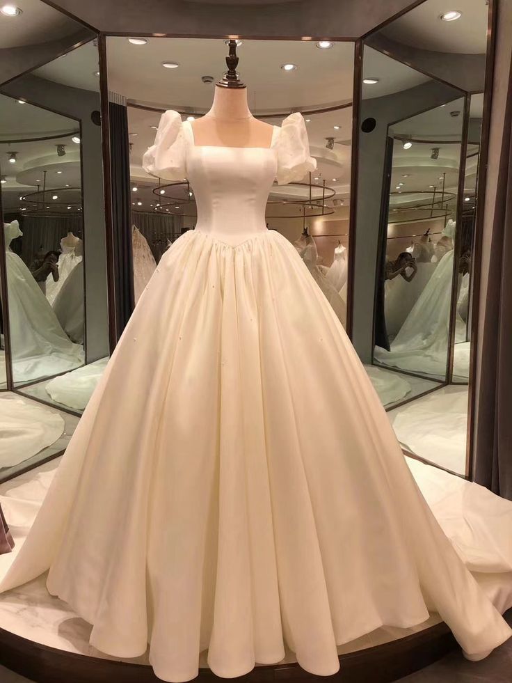 Spauare Neckline Bubble Sleeves Satin Wedding Dresses, Vintage Bridal Gown - FashionDia