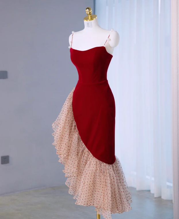 Vintage Red Velvet Ruffle Party Dress Mermaid Birthday Dress - View 2 | FashionDia