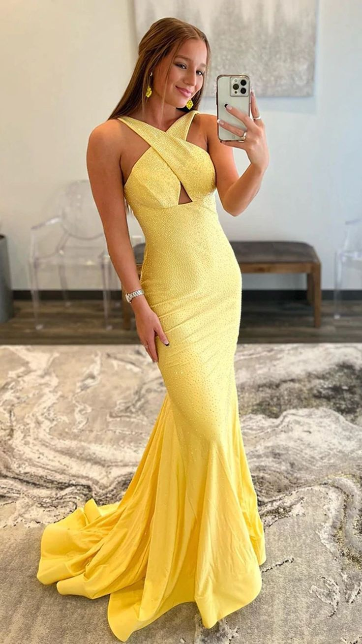 Luxurious Yellow Backless Mermaid Prom Dress,Yellow Evening Dress