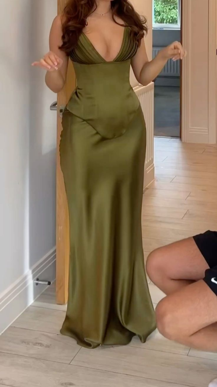 Classy Olive Green V-Neck Satin Mermaid Party Dress Long Evening Gown - FashionDia