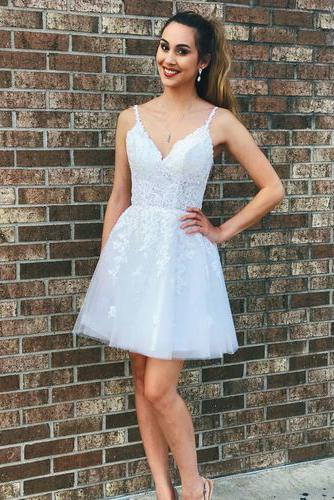 Elegant A-Line Tulle White Short Homecoming Dress with Lace - FashionDia