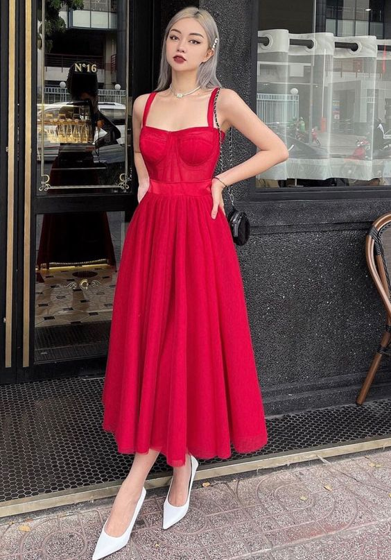 Elegant Red A-Line Straps Prom Dress,Red Evening Dress - FashionDia