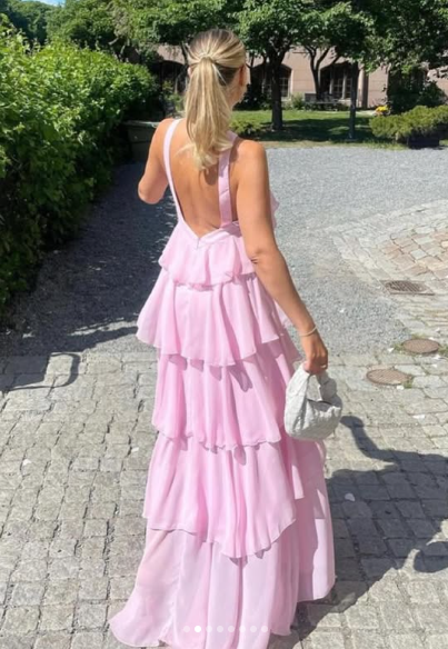 Women's Pink A-Line Tiered Prom Dress,Pink Backless Evening Dress - View 5 | FashionDia