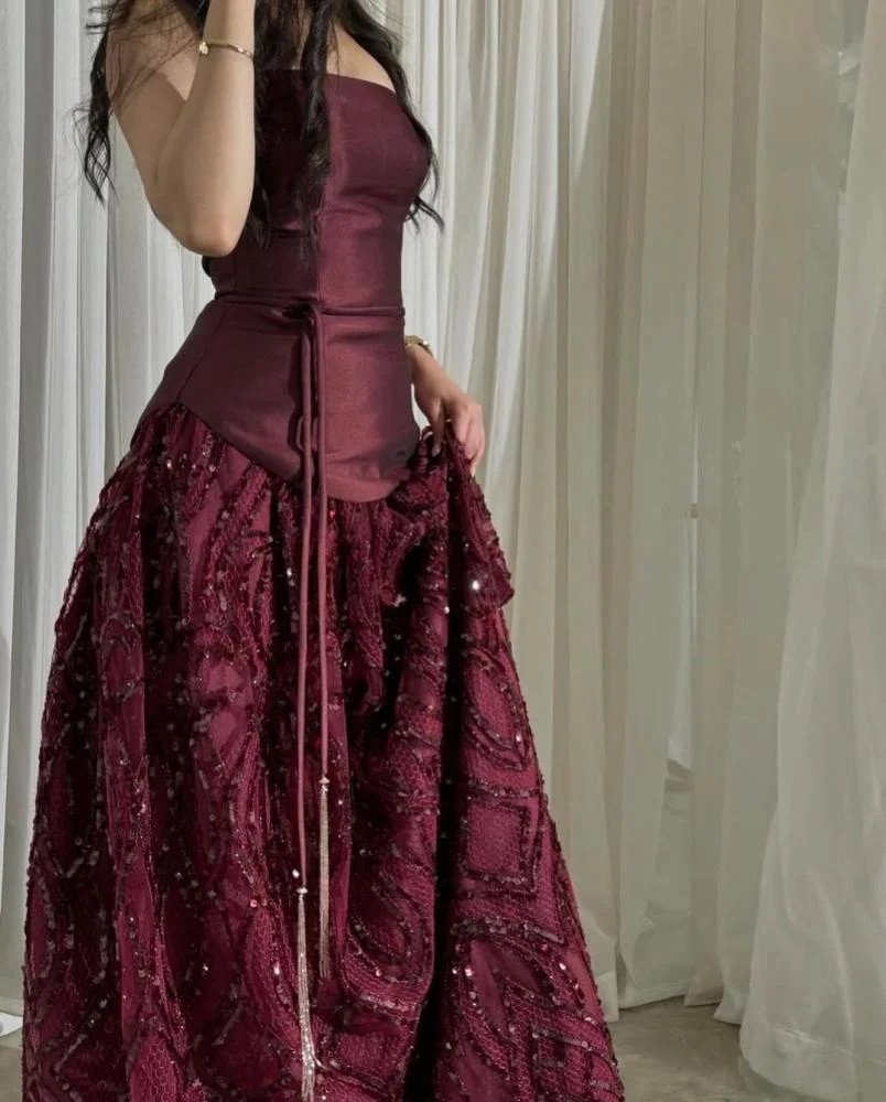 Vintage Burgundy Satin Sequin Evening Dress Formal Prom Dress - View 2 | FashionDia