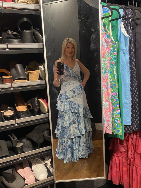Vintage Blue Satin Print Tiered Ruffles A-Line party Dress,Spaghetti Straps Prom Evening Dress - View 5 | FashionDia