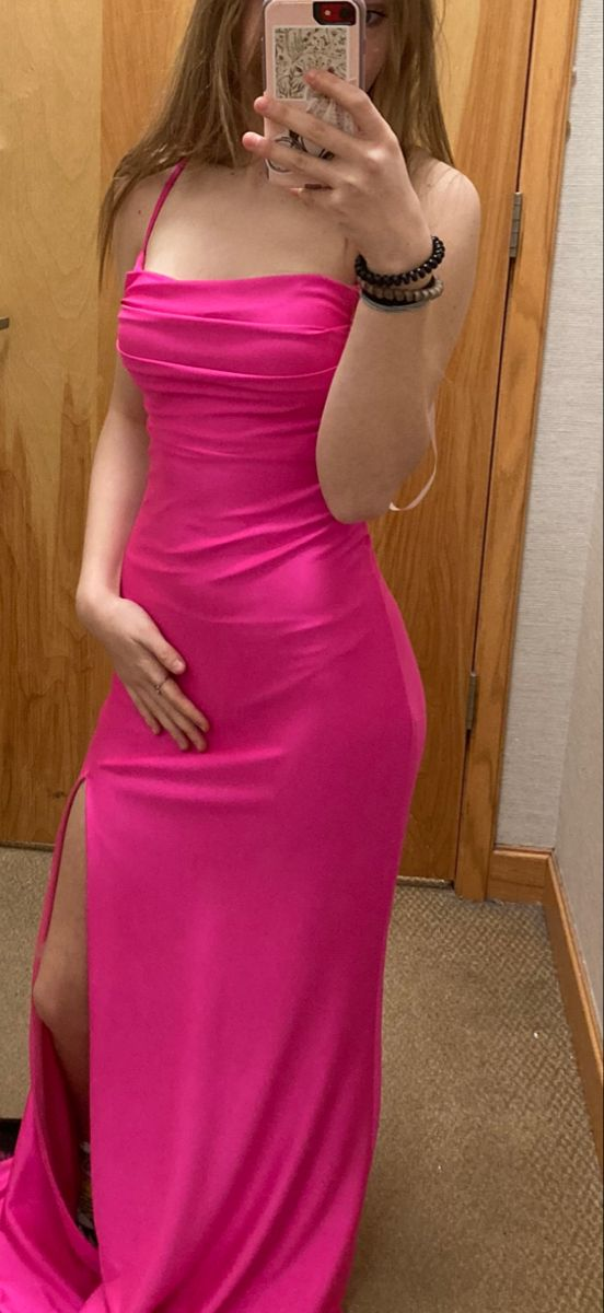Beautiful Spaghetti Straps Mermaid Slit Evening Dress,Hot Pink Prom Dress - FashionDia
