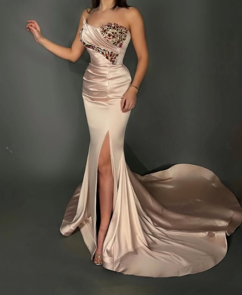 Gorgeous Strapless Mermaid Slit Evening Dress,Satin Beaded Party Prom Dress