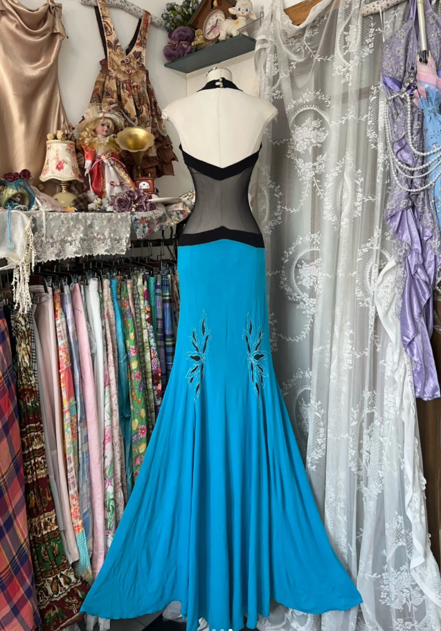 Vintage Halter Blue Satin Beaded Mermaid Prom Dress Long Evening Dress