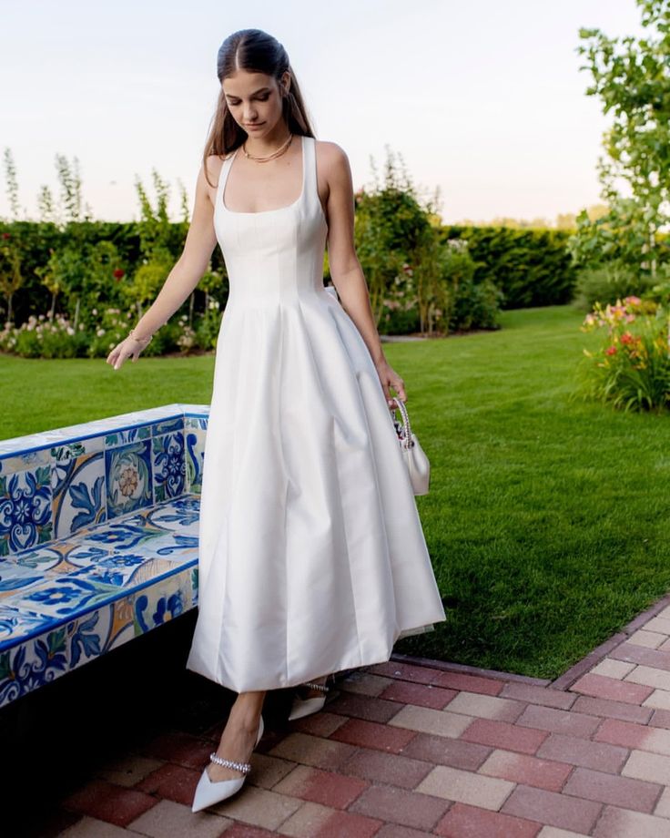 Satin Tulle Midi Wedding Dress, Simple Square Neckline Tea Length Formal Prom Dress fg7288