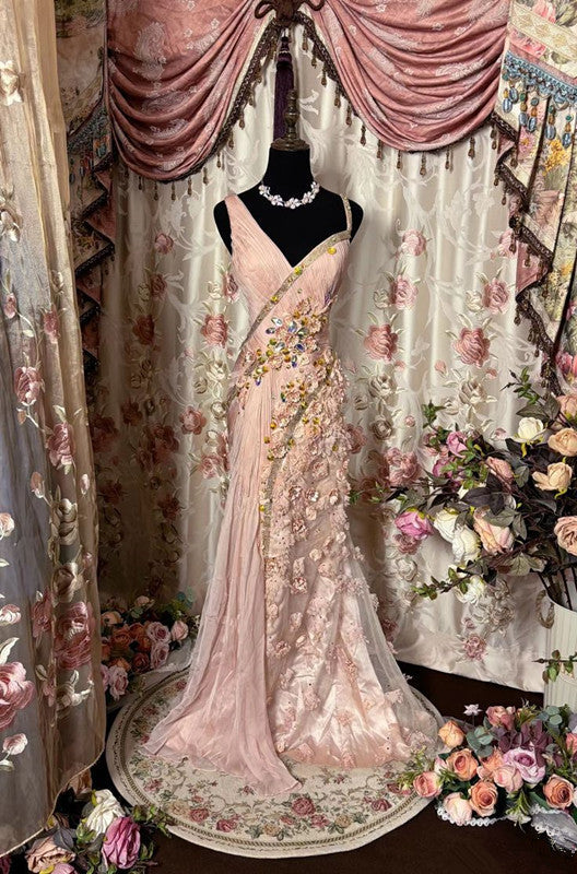 Elegant Pink Tulle Long Prom Gown New Evening Dress - View 2 | FashionDia