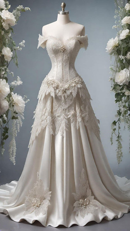 A Line Off Shoulder White Wedding Dress Lace Princess Dress fg7294