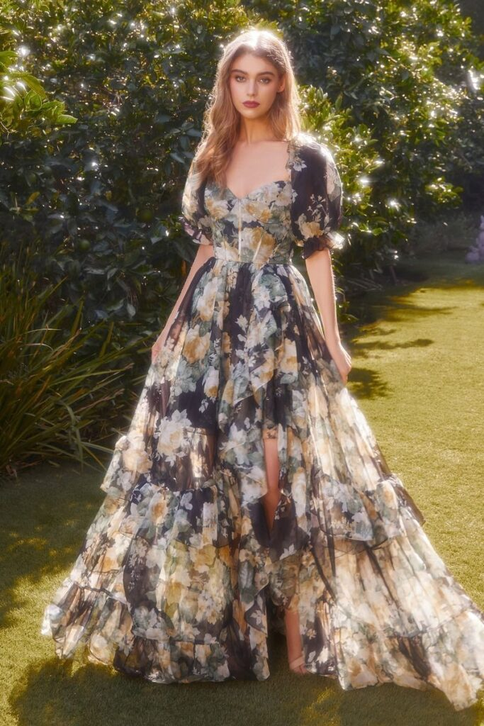 Elegant Chiffon Print Floral A Line Slit Prom Dress,Ruffles Party Evening Dress
