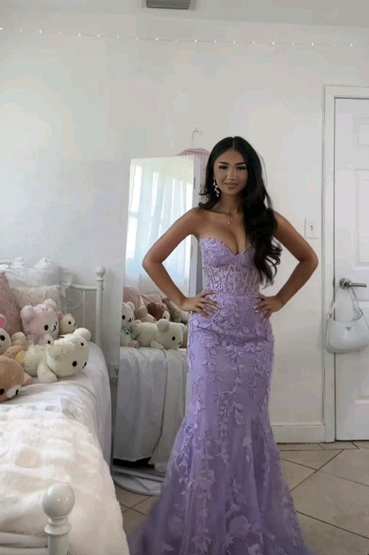 Lace Mermaid Dress Long Sweetheart Formal Evening Lace Up Back Party Dress - FashionDia