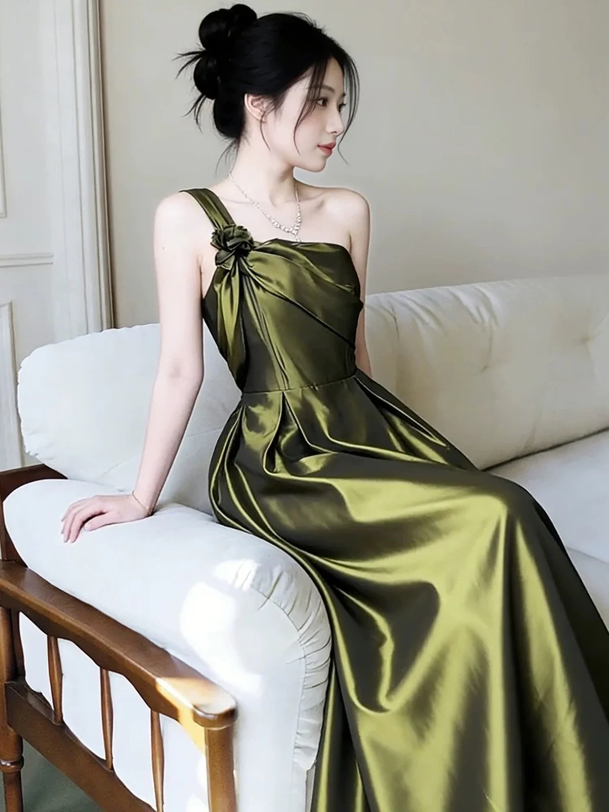 Elegant Olive Green One-Shoulder Satin Prom Dress, Vintage-Inspired A-Line Formal Dress - View 2 | FashionDia