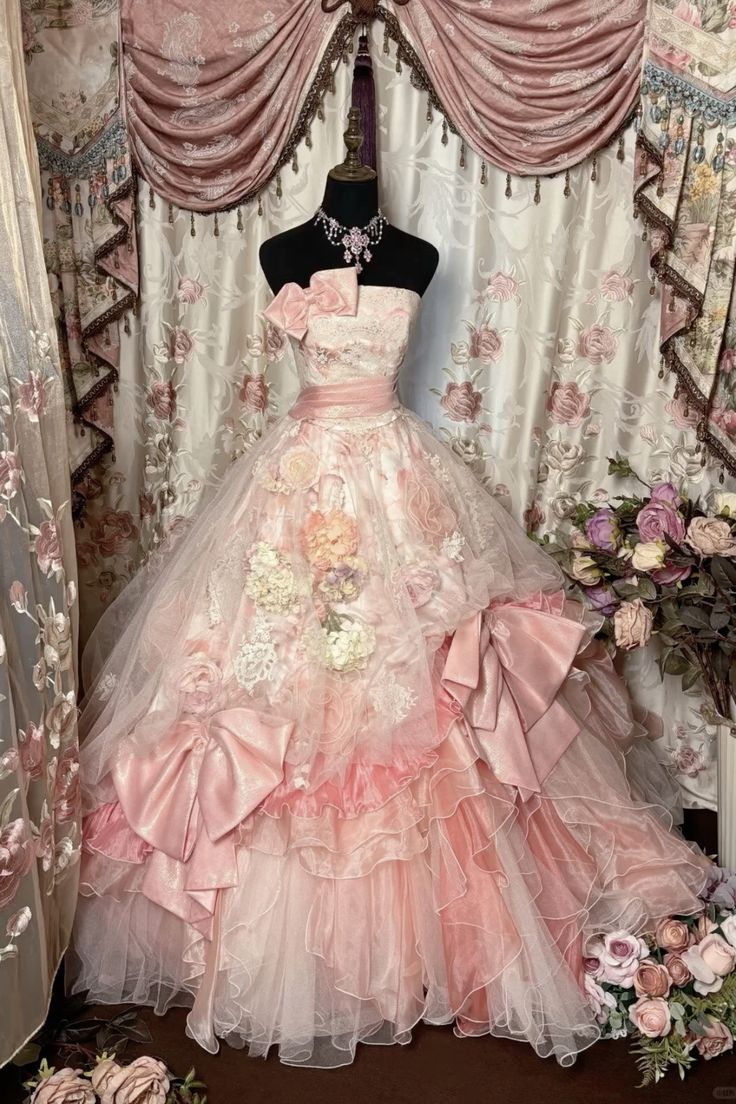 Vintage Light Pink Ball Gown Strapless Floral Layered Organza Prom Dress 16th Birthday Dress - FashionDia