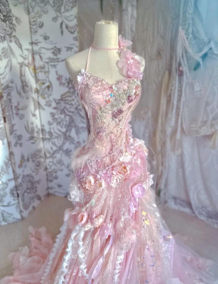 Fairytale Pink Sweetheart Mermaid Tulle Long Prom Dresses Formal Evening Gowns with Appliques - View 2 | FashionDia