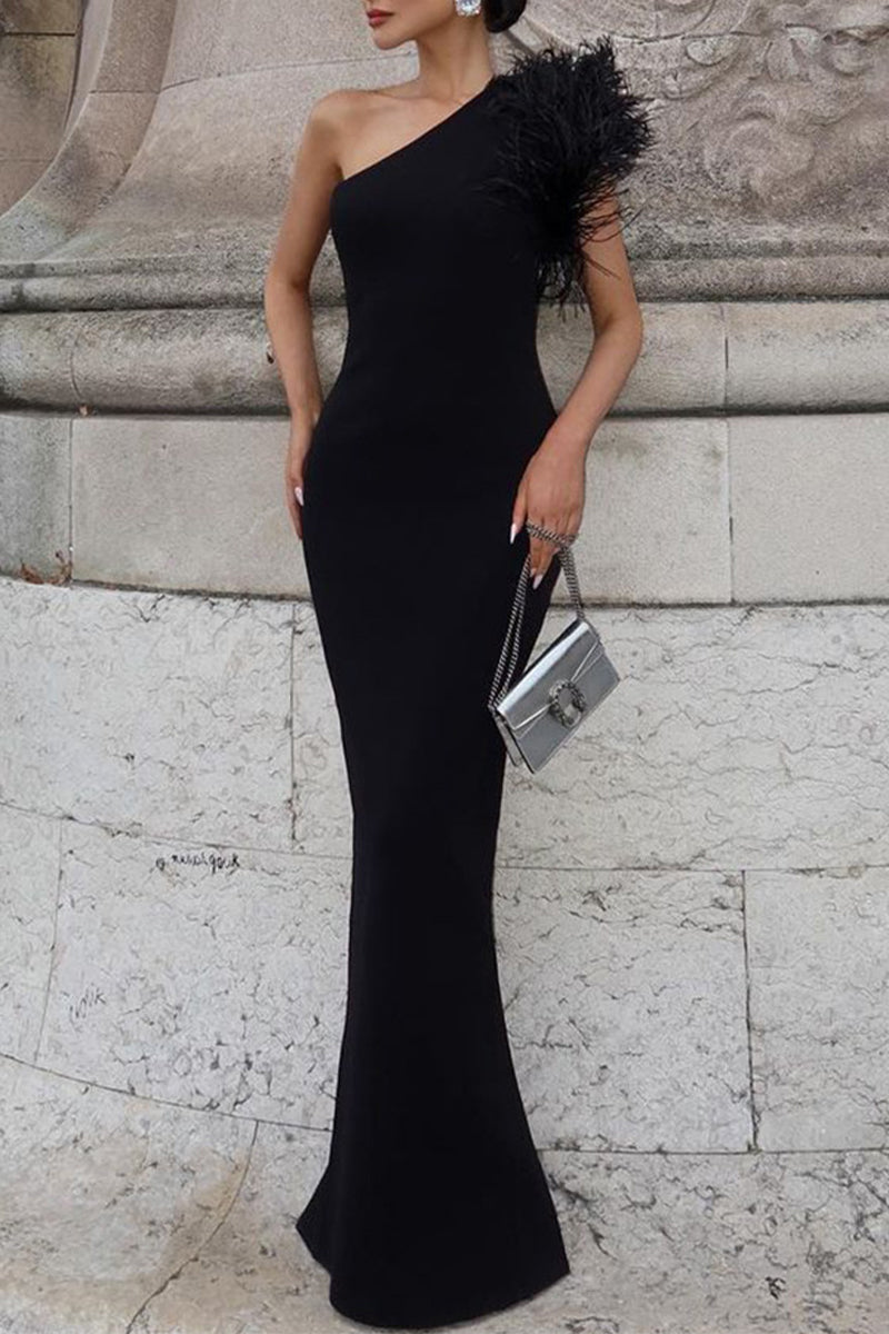 Elegant Formal Solid Feathers Oblique Collar Evening Dress Dresses - View 3 | VelvetHem