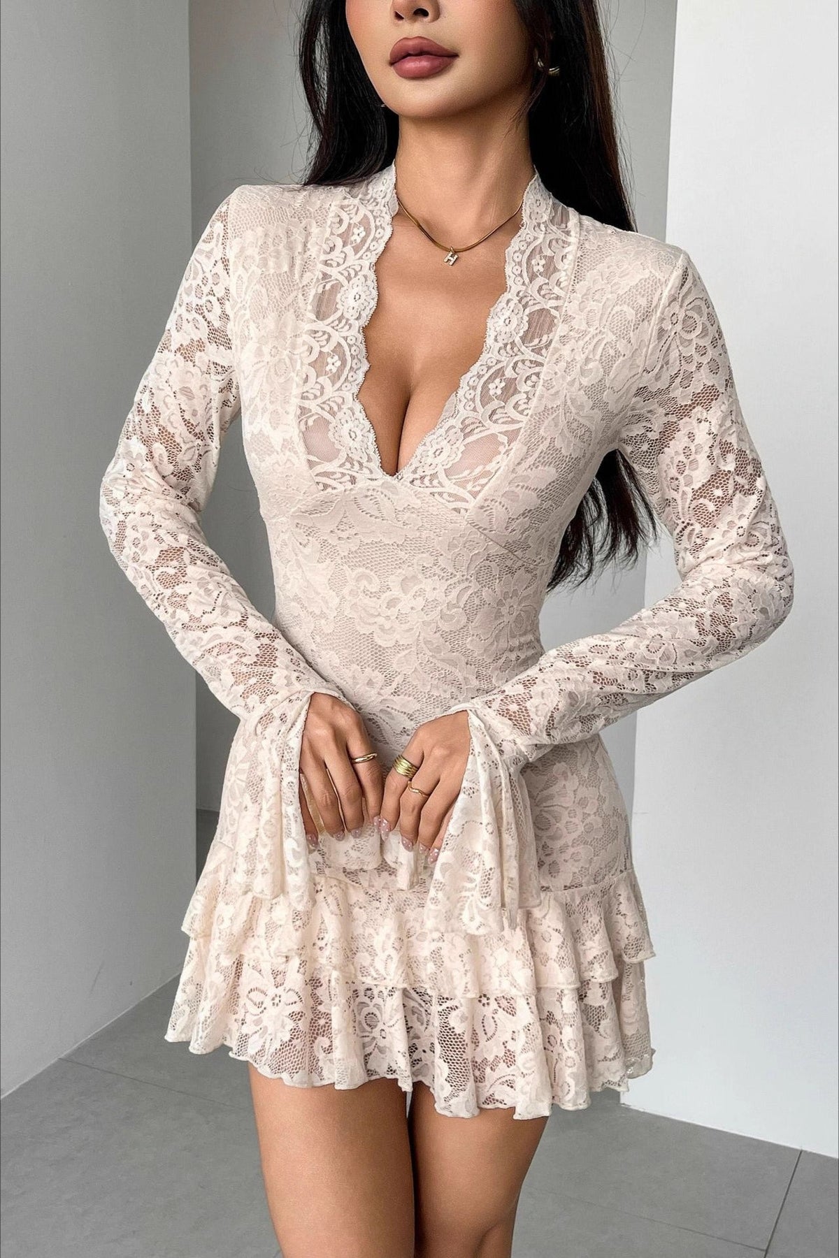 V Neck Ruffled Lace Dress - View 4 | VelvetHem