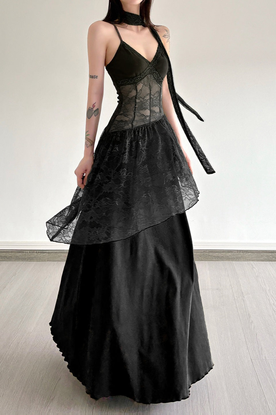 Lace Trim Sheer Waist Tie Cami Maxi Lace Dress - View 5 | VelvetHem