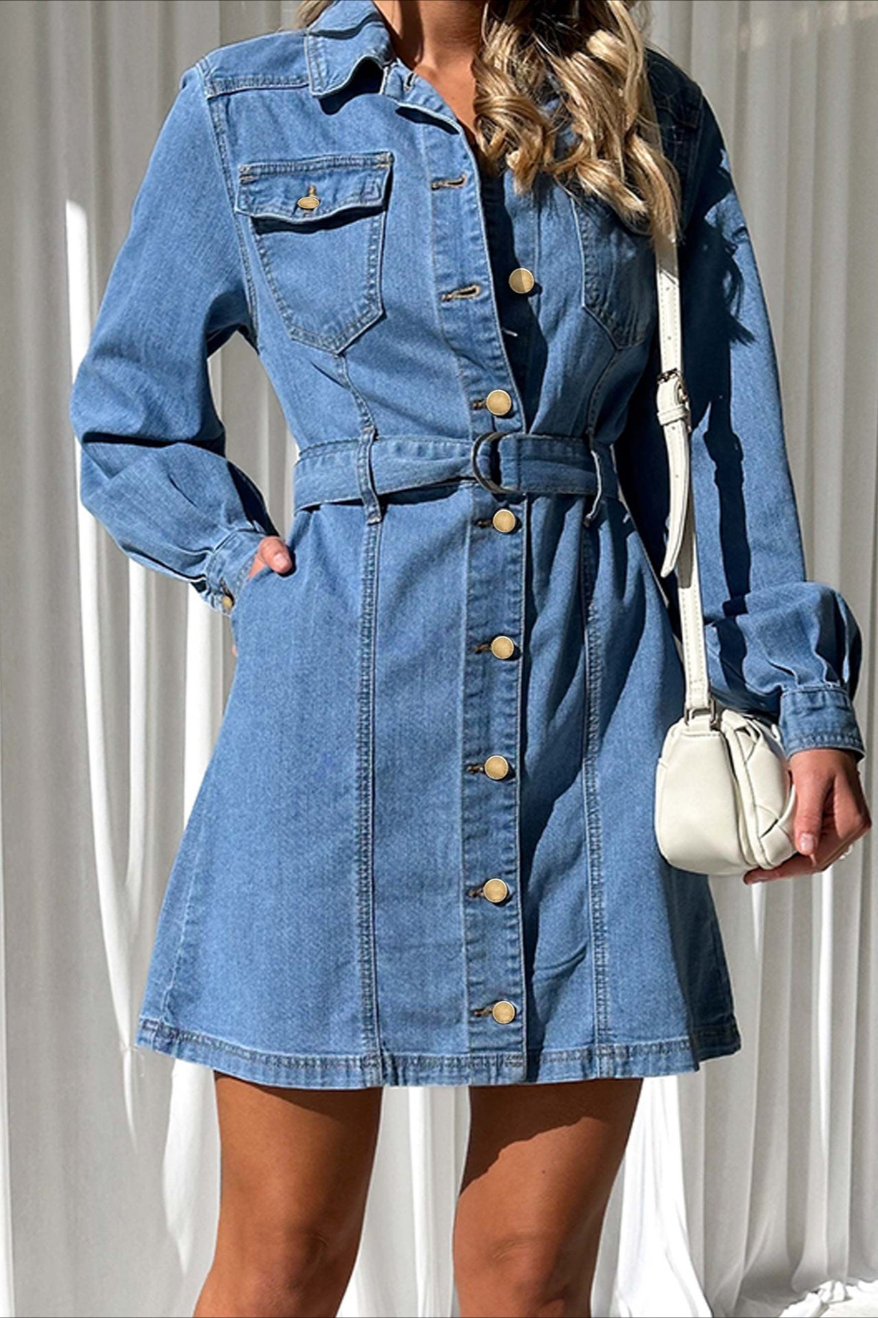 Button-Down Tie Waist Denim Dress - View 4 | VelvetHem