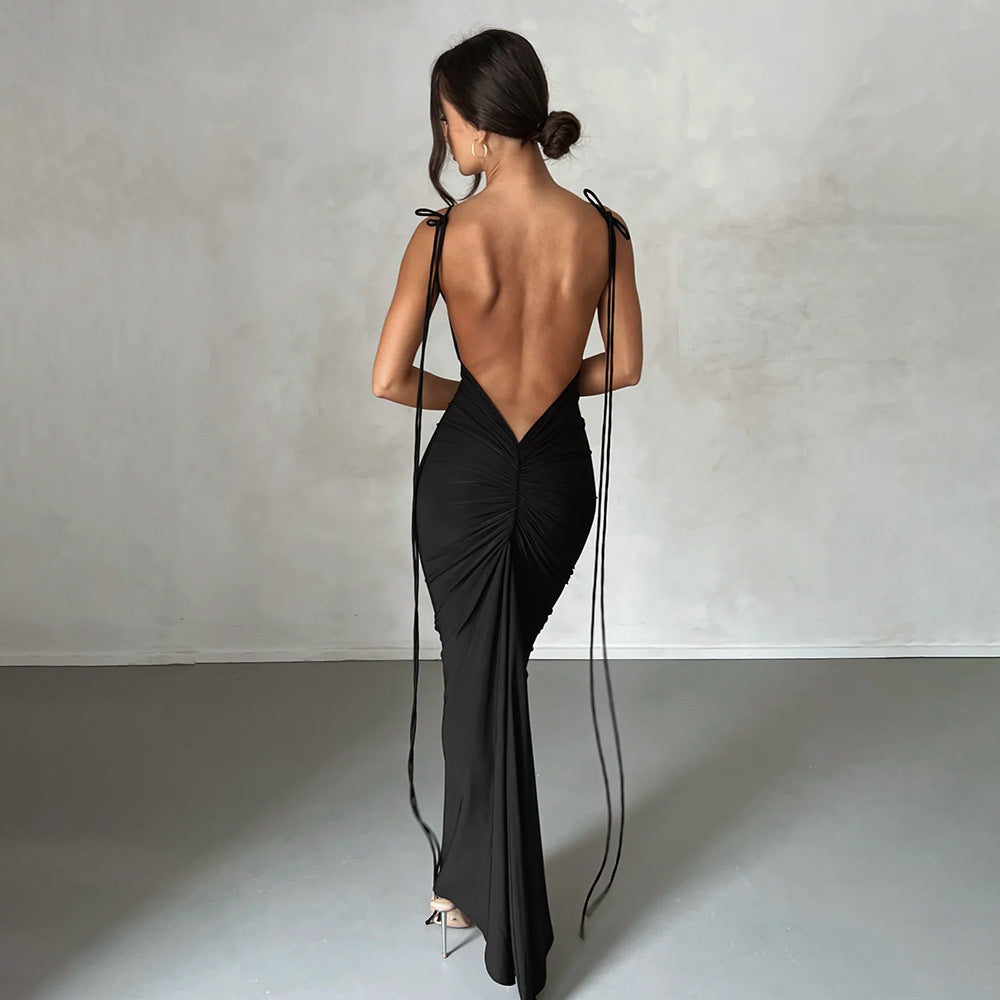 Women Sexy Dress Sexy Backless Pleated Dress Evening Dress Sleeveless Strap Dress for Women - View 3 | VelvetHem