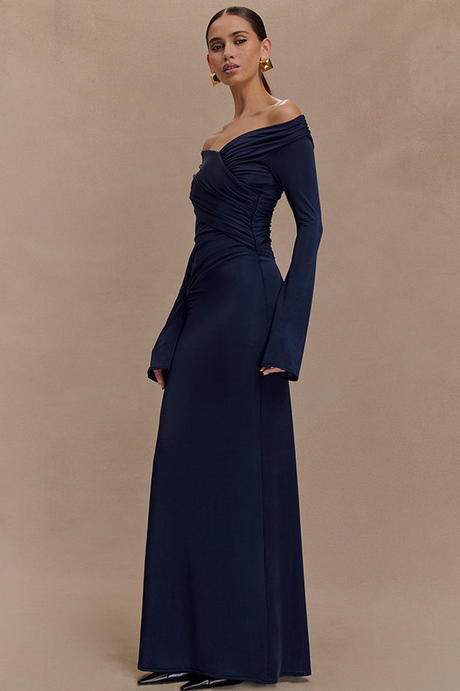 V - Neck Slim Fit Ruched Maxi Dress