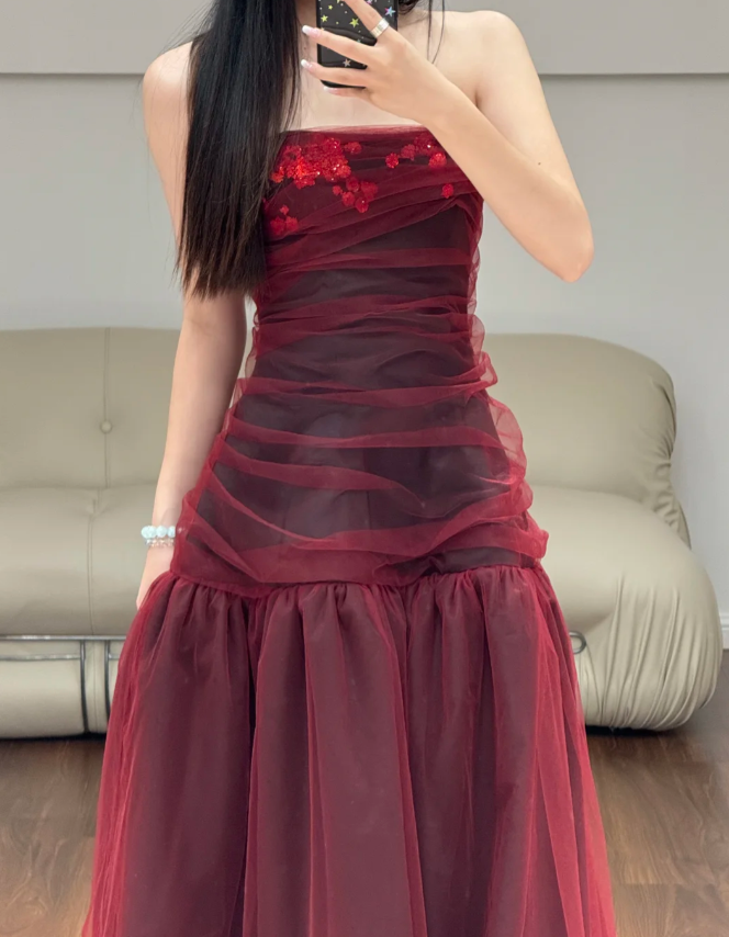Strapless Burgundy Tulle Prom Party Dress Birthday Outfit Evening Dress - View 2 | FashionDia