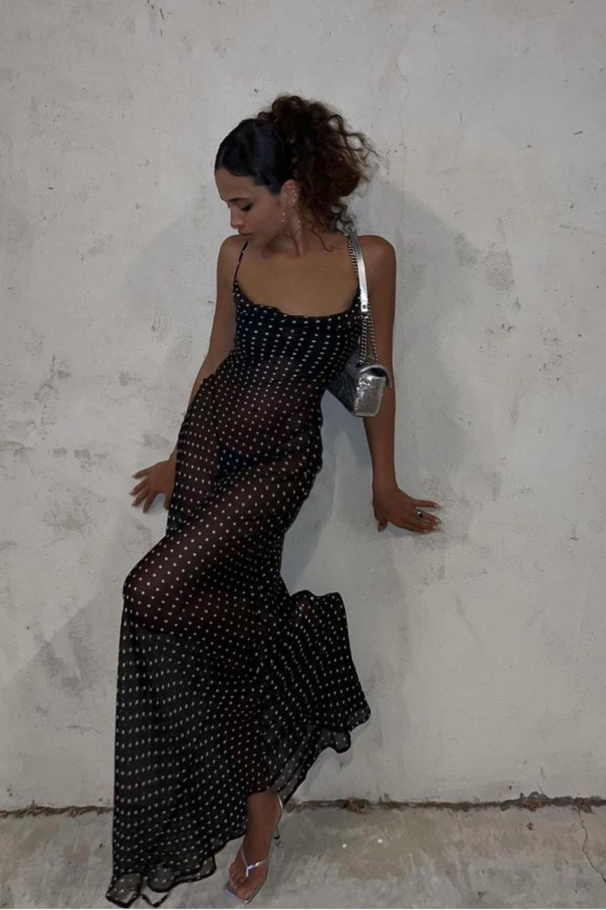 Polka Dot Square Neck Backless Cami Maxi Dress - View 2 | VelvetHem