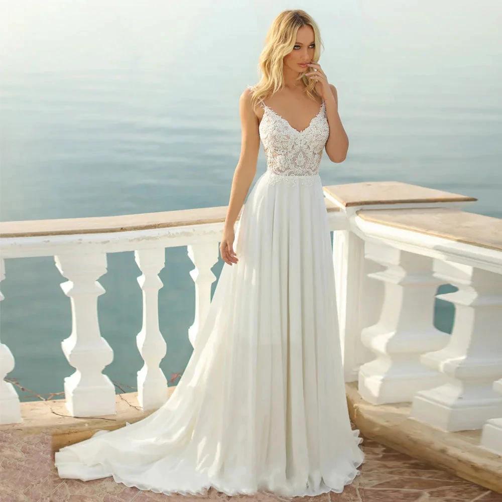 Spaghetti Straps Wedding Dress Elegant Lace Appliques Bridal Gown V Neck Backless Chiffon Robe Custom Made (ZD13477)