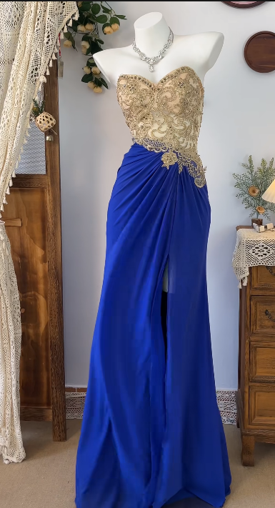 Sweetheart Royal Blue Long Prom Dress With Slit J8402
