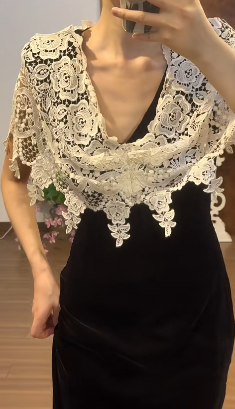 Black Mermaid Prom Party Dress White Lace Evening Dress Birthday Outfit - View 2 | FashionDia