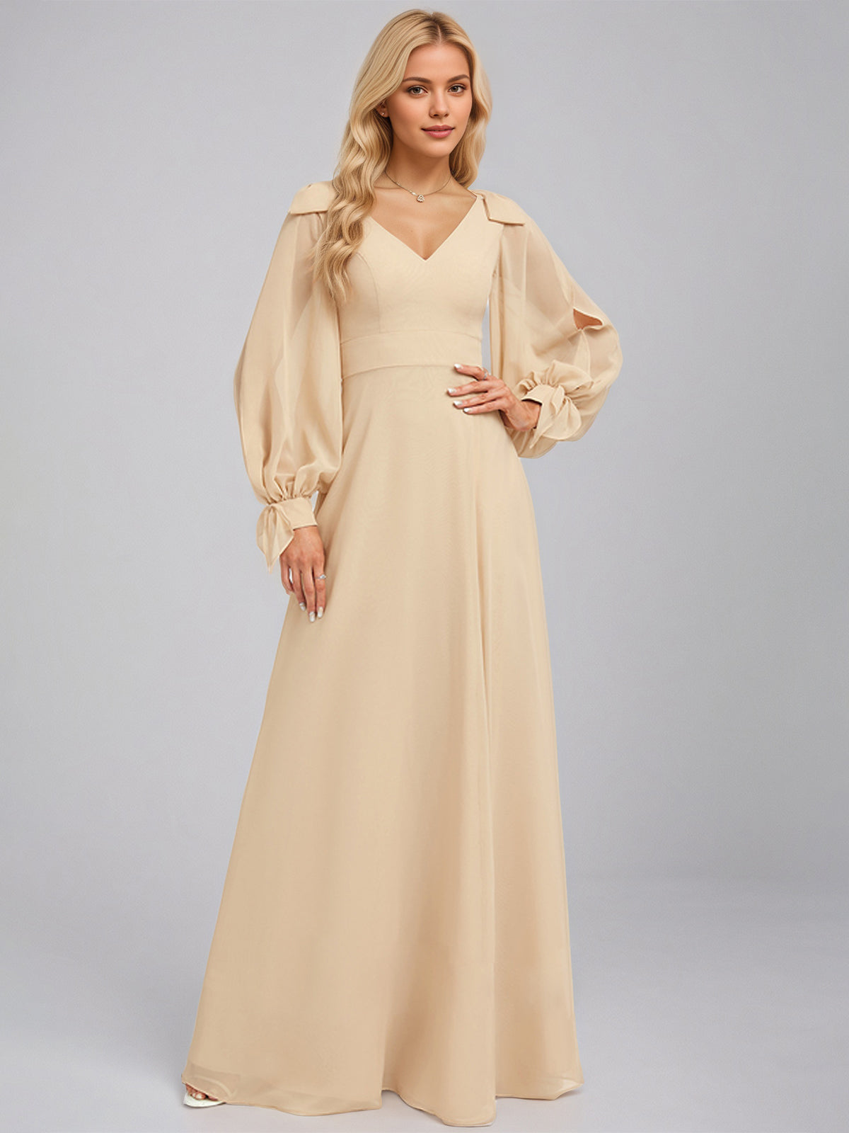 Champagne A-Line V-Neck Floor-Length Chiffon Bridesmaid Dress With Bow