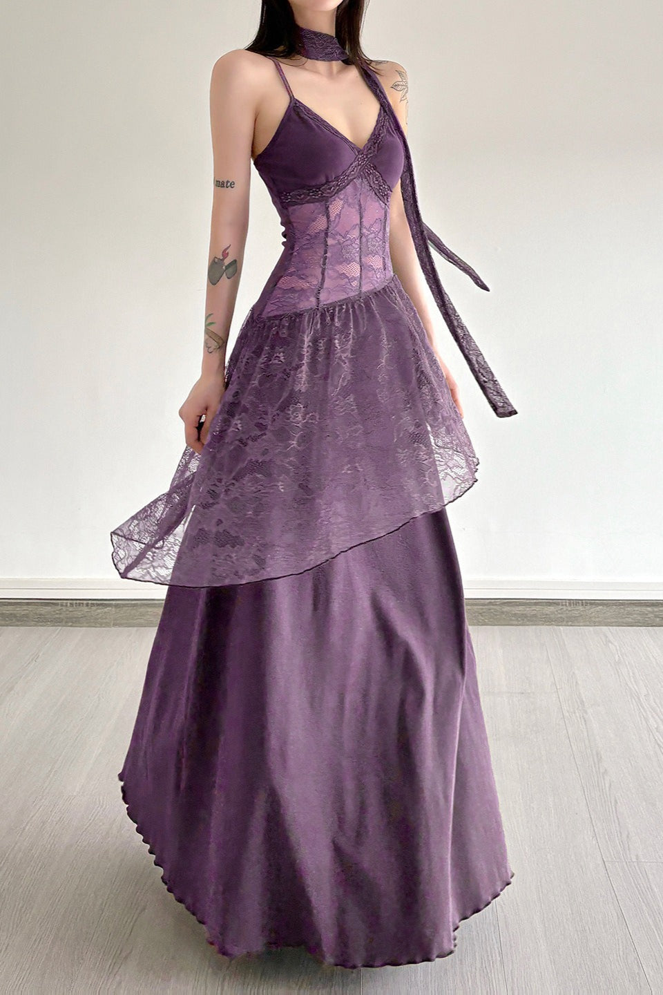 Lace Trim Sheer Waist Tie Cami Maxi Lace Dress - View 8 | VelvetHem