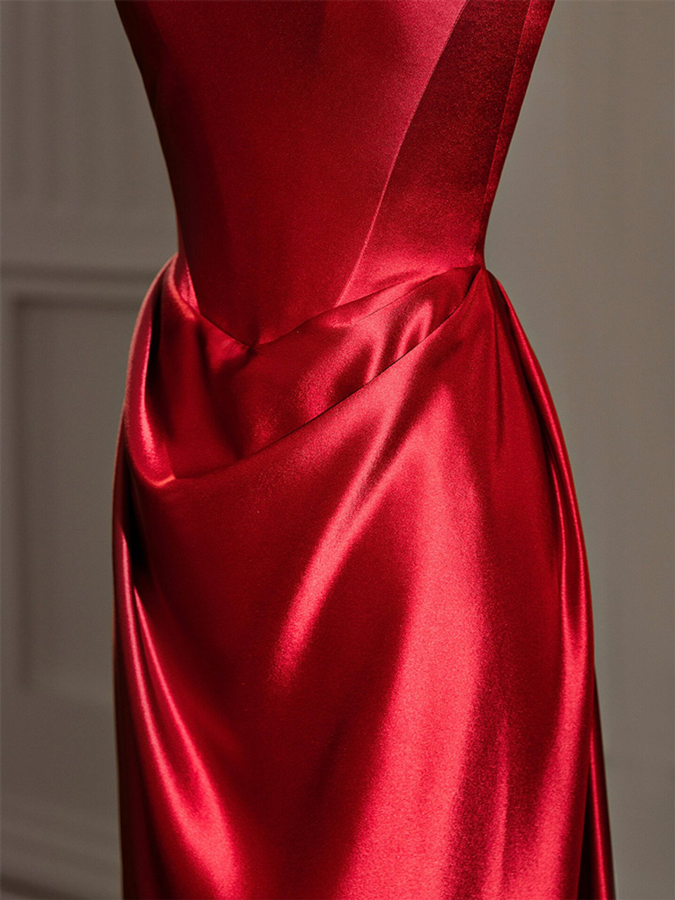 Elegant Red Satin Straps Pleats Prom Dress Long A-Line Party Evening Dress - View 2 | FashionDia