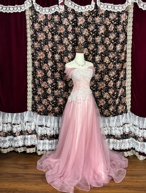 Off The Shoulder Pink Long Prom Dress Applique Tulle Evening Gowns J8629