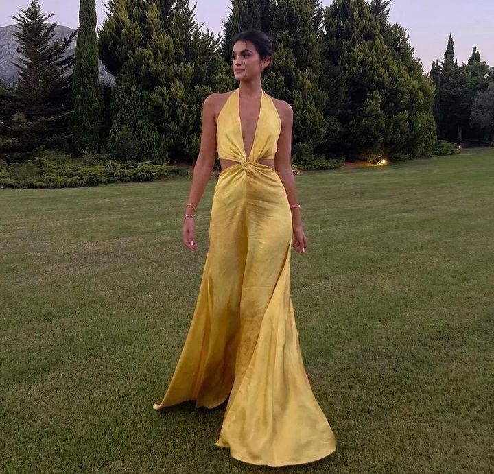 Pretty A-Line Halter Neckline Long Yellow Prom & Evening Dress Formal Dress - View 3 | FashionDia