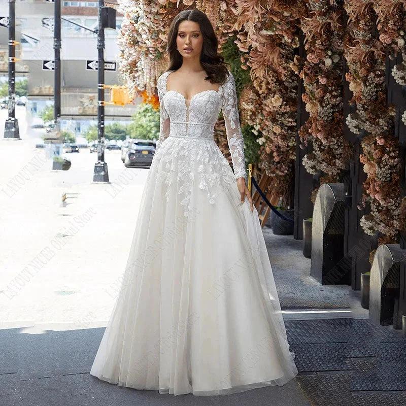 Wedding Dress A Line Removable Long Sleeve Bride Elegant Open Back Lace Bridal Gown Applique Tulle Vestido De Noiva (ZD13316)