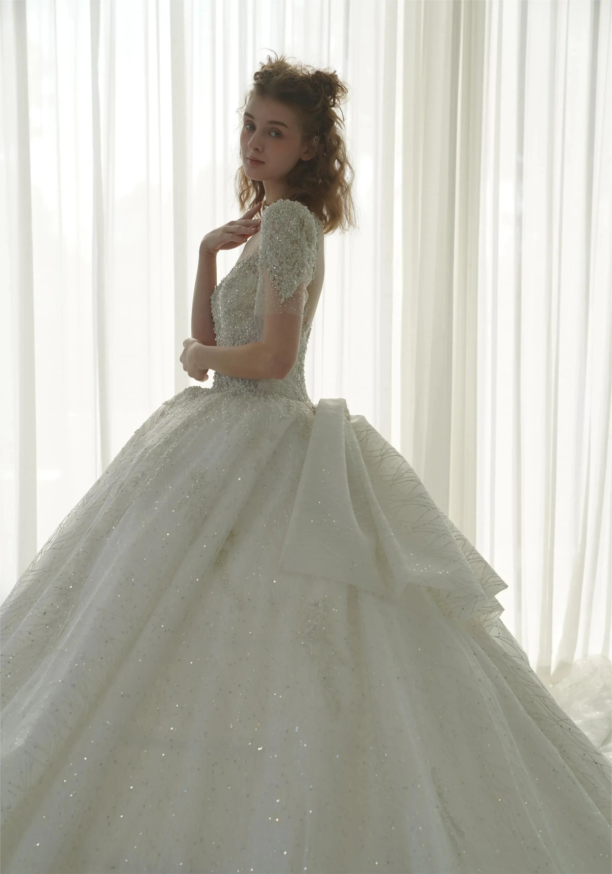 Luminous Ball Gown Illusion Neck Tulle Wedding Dress with Crystal Beaded Embroidery & Bow Back Train Q-6023 (ZD16921) - VelvetHem