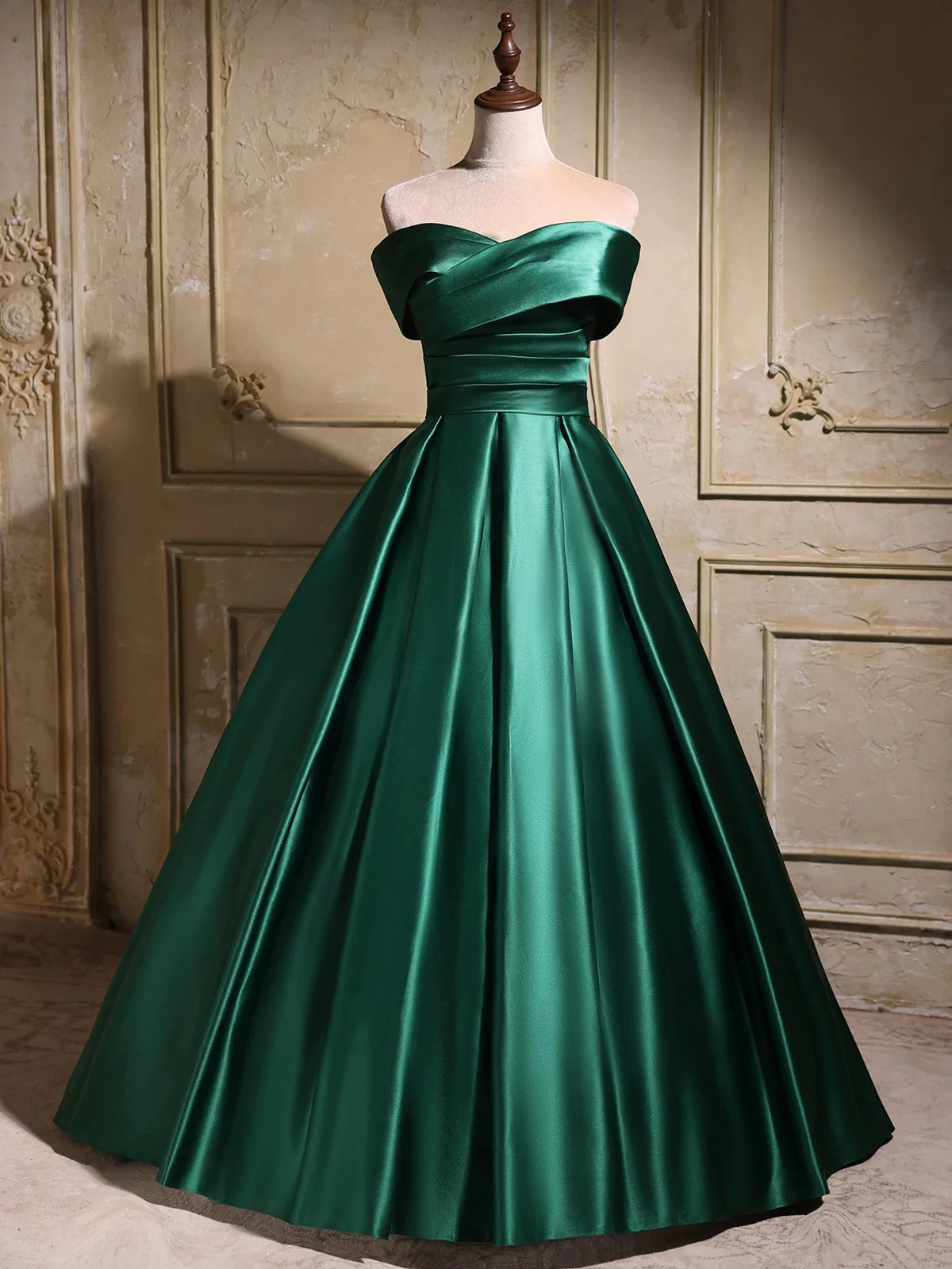 Elegant Emerald Green Satin Off-Shoulder Prom Dress, Long A-Line Formal Dress - VelvetHem