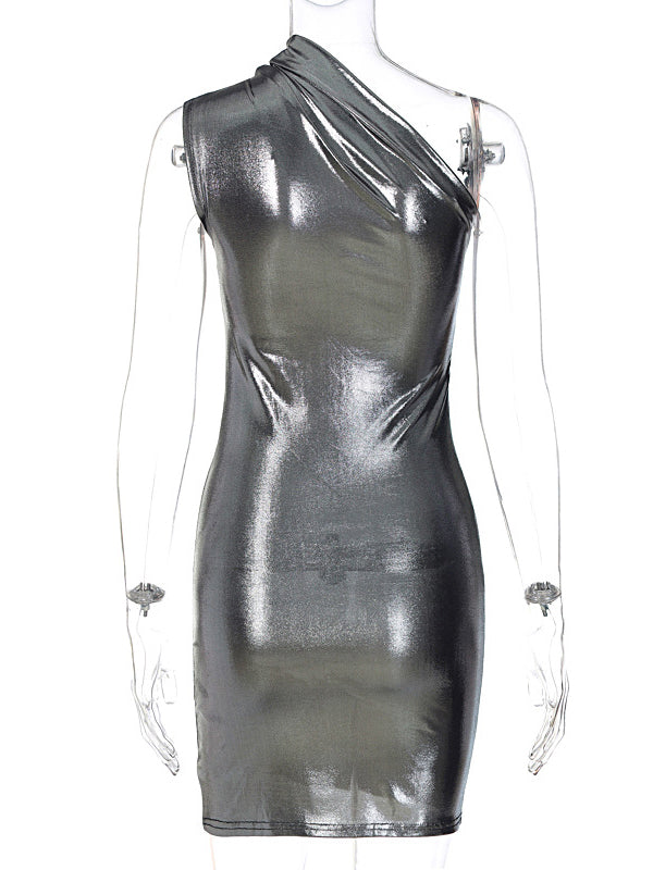 Skinny Asymmetric Shiny Solid Color Split-Joint One-Shoulder Evening Dresses Mini Dresses