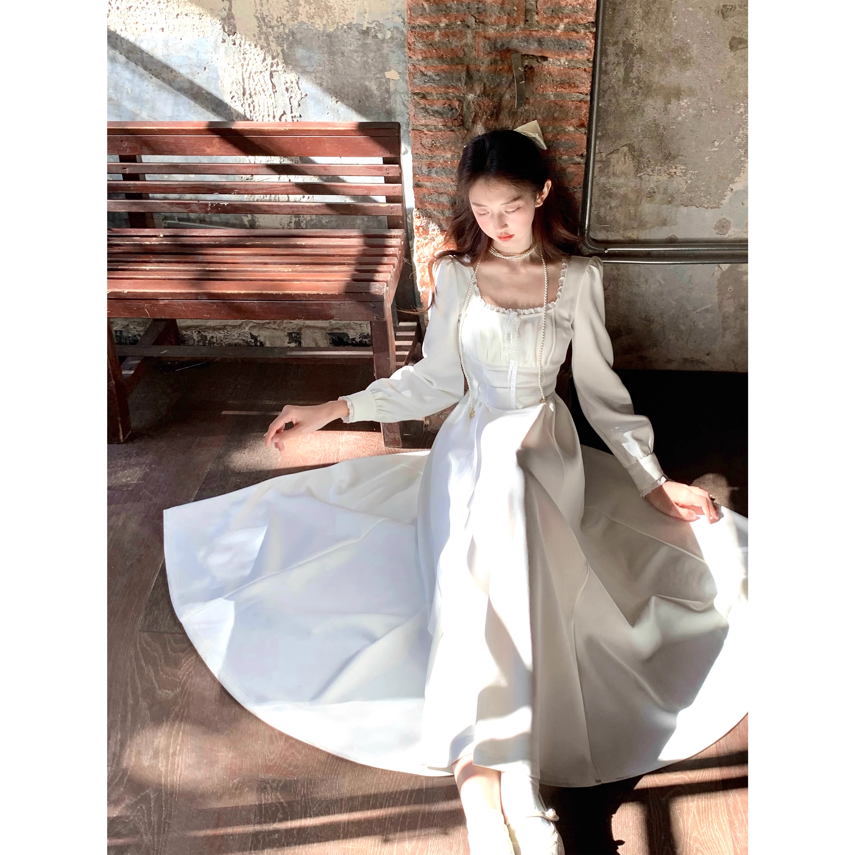 Fleece white maxi dress, winter dress, French style innerwear A69 - VelvetHem