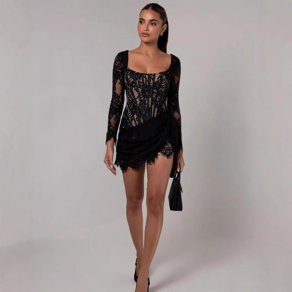 Sexy Lace Mesh Corset Mini Prom Dress - VelvetHem